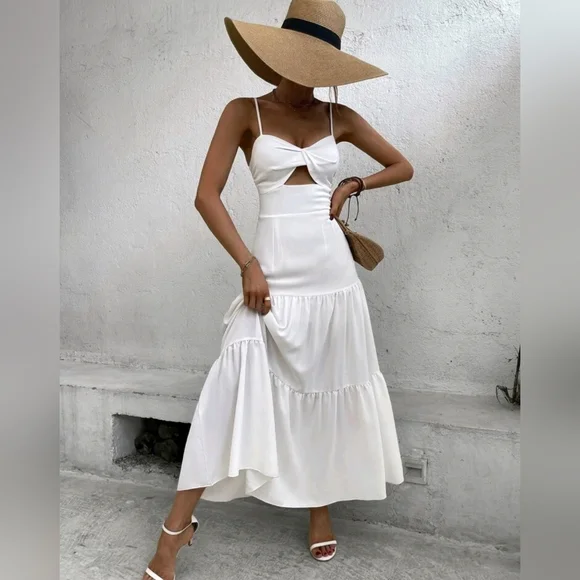 New Chic Cut Out High Waist Maxi Cami Dress White - Picture 2 of 8